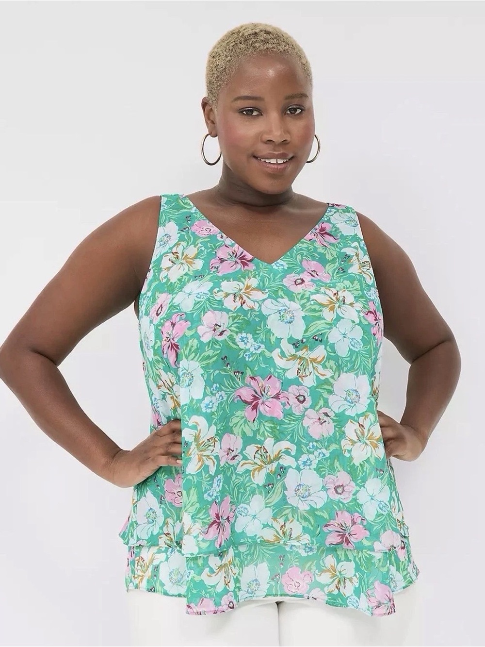 NWT Lane Bryant Size 24 Swing Double Layer Green Floral Chiffon Tank Top Blouse